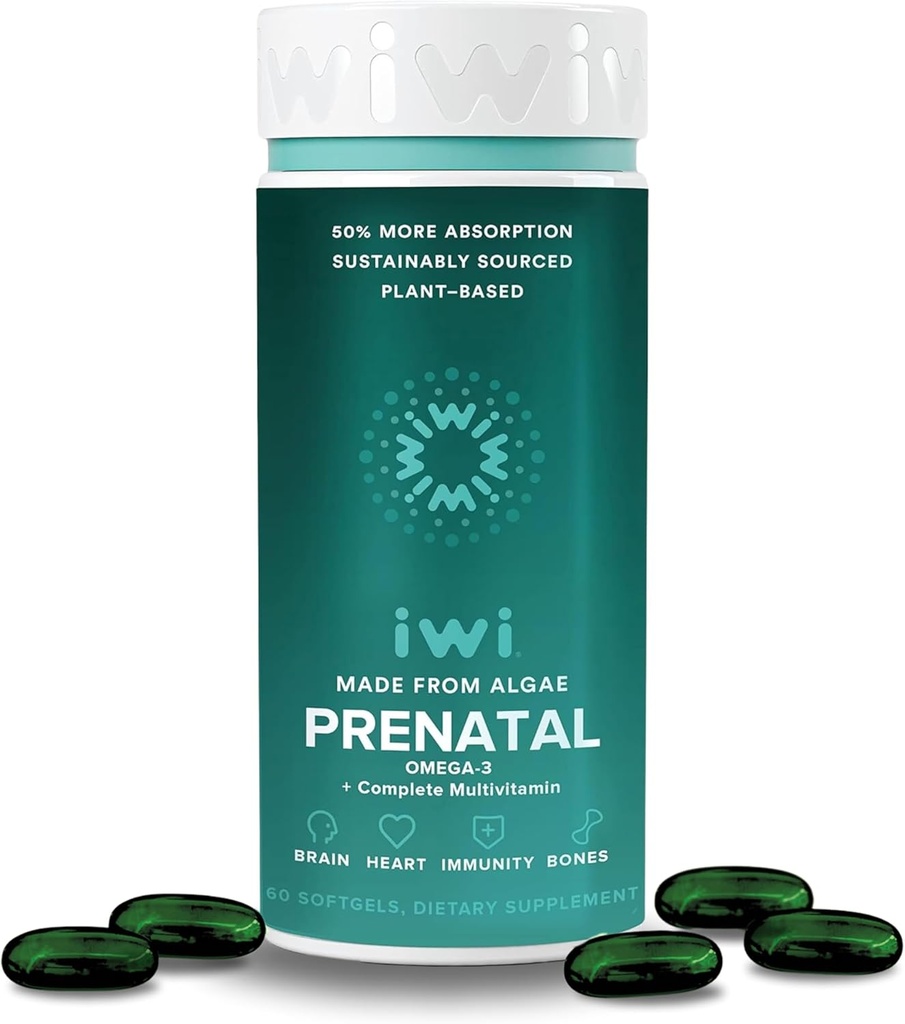 Iwi Life Prenatal Multivitamiini, 60 Softgels (30 tarjoilua), Vegaani, Plant-Based Algae Omega 3, EPA + DHA, Folaatti, rauta, A-vitamiini, B12, C, D3, kalsium, Raskaus Ravintolisä äiti ja vauva