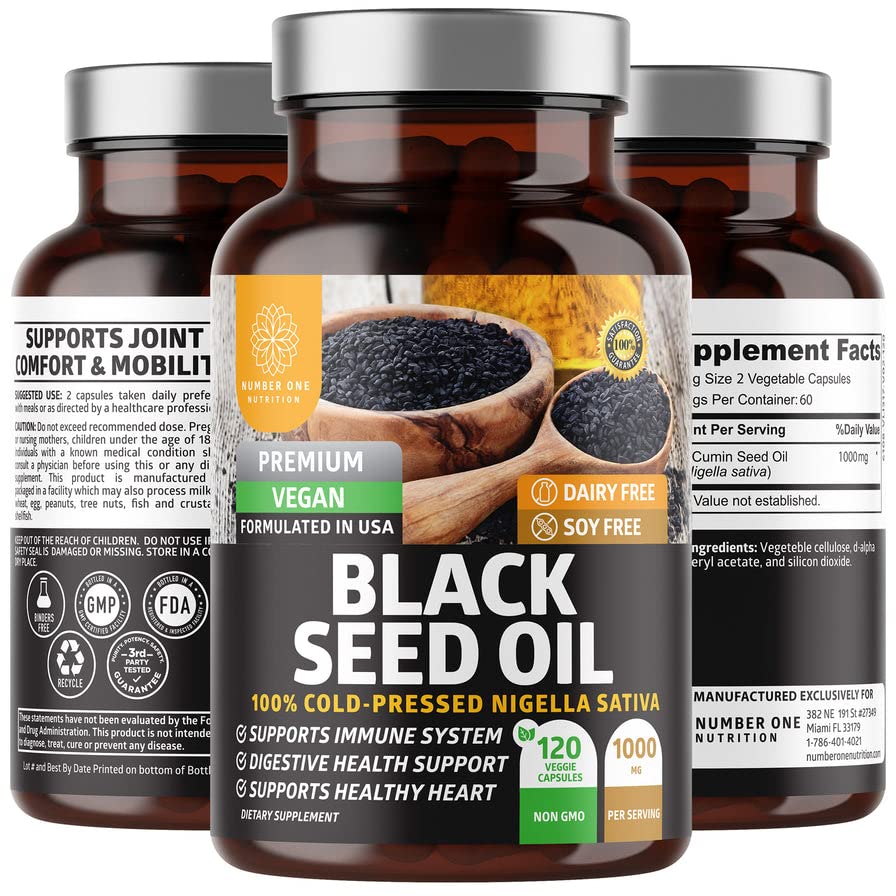 Number One N1N Premium Black Seed Oil [Max Strength, 1000 mg] 100% Kylmäpaineinen Nigela Sativa tukemaan Digestion, Immuunijärjestelmä ja Joint Comfort ja liikkuvuus, 120 Caps