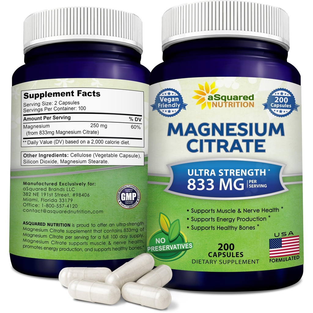 aSquared Nutrition Magnesium Citrate 833mg täydennysosa - 200 kapselia - Max Strength Vegan Mag Citrate Powder pillereitä tukemaan puhdasta toimintaa lihakset, sydän ja luut - auttaa lisäämään energiaa
