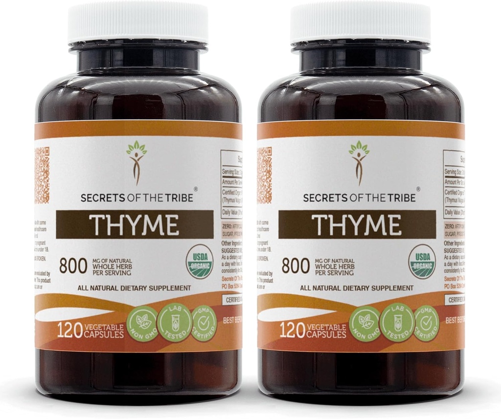 Hemligheter i stammen Thyme 2x120 kapslar, tillverkade med grönsaks kapslar och USDA Organic Thymus Vulgaris Toni Effect (2x120 kapslar)