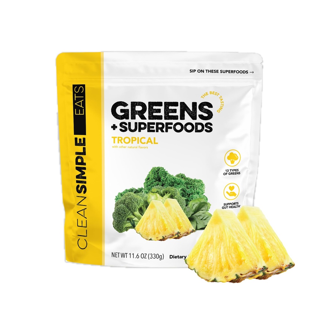 Clean Simple Eats Super Greens Powder, Luonnollisesti maustettuja vihreitä jauhe klorella, Spiruliini, Superfoods & Prebioottikuitua, Ei keinotekoisia ainesosia, Gluteeniton, Trooppiset vihreät Maku, 30 Srvg