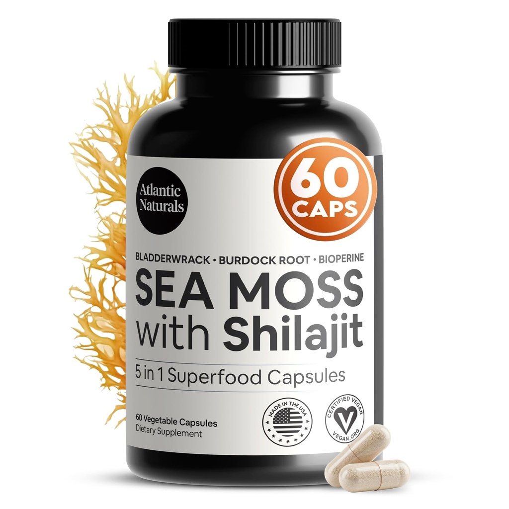 Atlantic Naturals Sea Moss och Shilajit Capsules - 5-i-1 Seamoss Shilajit Combo med Bladderwrack, Burdock Root & Black Pepper - Sea Moss Supplements for Absorption & Vitality - 2705 mg - 60 Count
