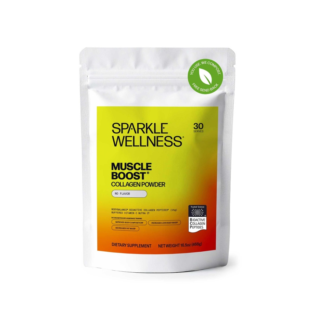 Sparkle Wellness Muscle Boost (No Flavor) [30-Serves] ... Kollageeni täydentää jauhetta hydrolysoidulla rungolla.