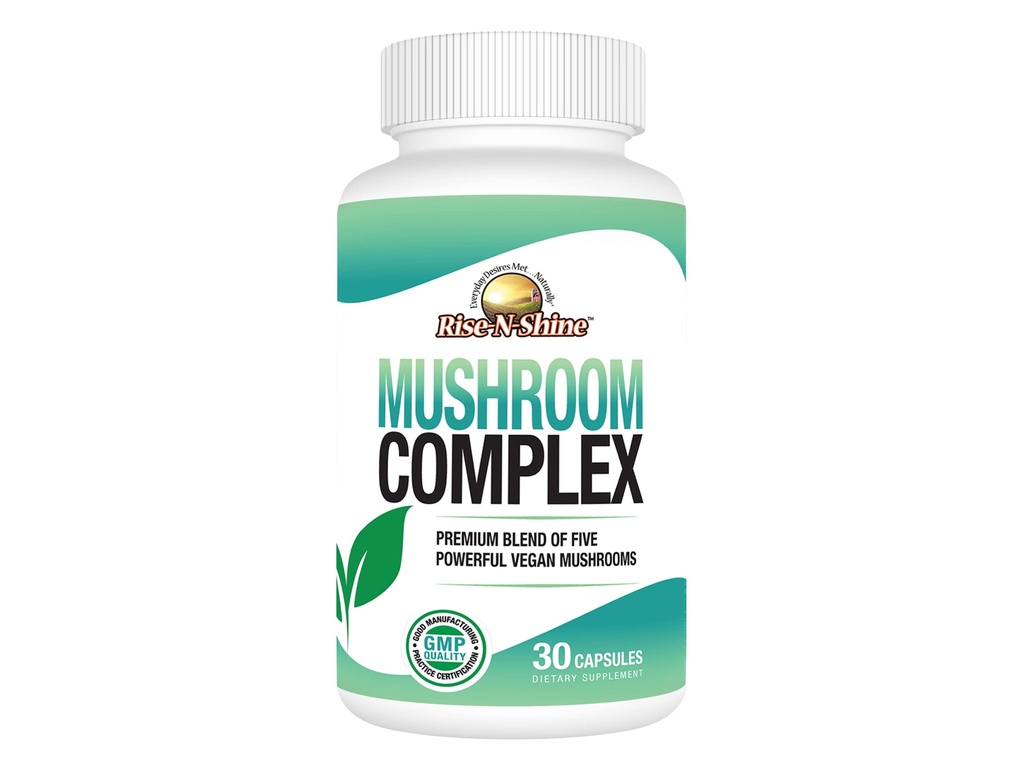Rise-N-Shine Mushroom Complex Supplement för Clarity & Focus - Immune Support w/Lion's Mane, Reishi, Mushroom, Chaga, Maitake & Shiitake Mushroom - 30 Day Supply - 30 kapslar