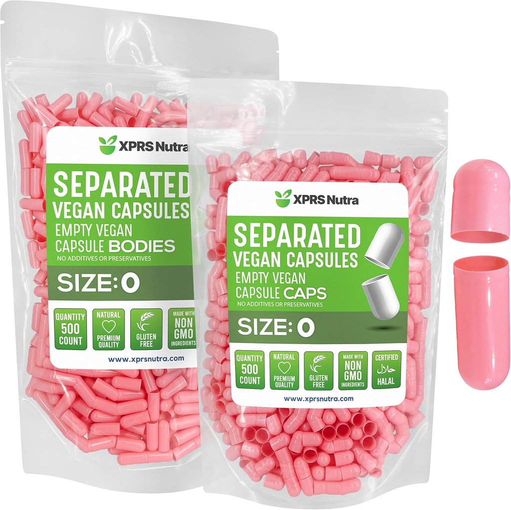 XPRS Nutra Vegan Koko 0 Erilliset kapselit - 500 Count Premium Tyhjät kapselit Erotettu laukkuihin - Pillerit 0 Tyhjä DIY täydennysosa täyte (Pink)