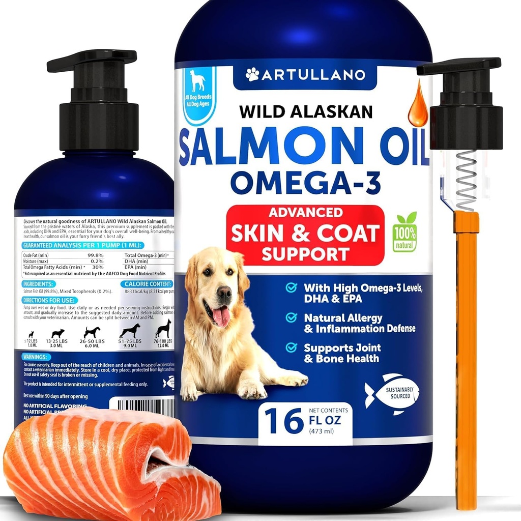 Lohiöljy koirille - Omega 3 koirille - 16 FL OZ Wild Alaskan Lohikalaöljy - Natural EPA & DHA Rasvahapot iholle ja turkille, Allergia, Joint & Bone Health - Liquid Support Supplement