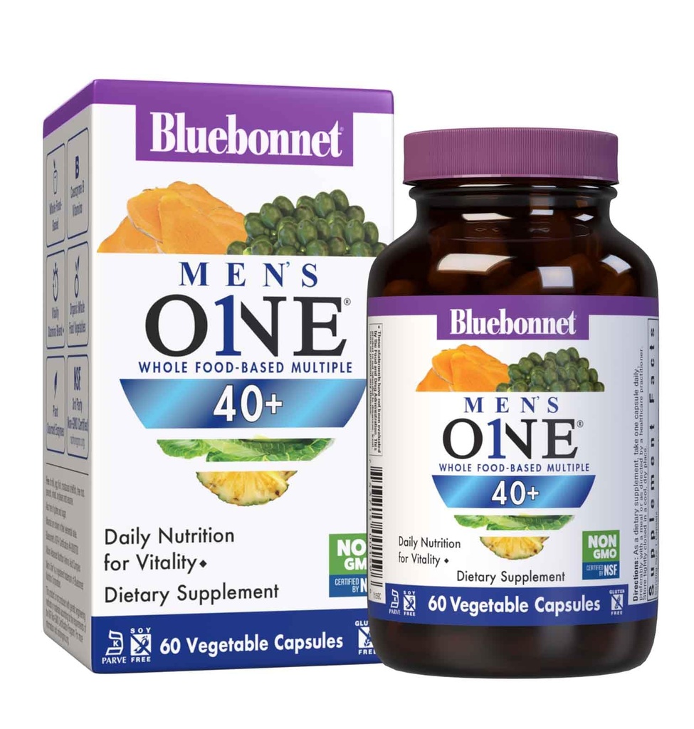 Bluebonnet Nutrition Mens' ONE 40+ Whole Food-Based Multiple, Män Multivitamin för Män 40+, Soy-Free, Non-GMO, Gluten Free, Kosher, 60 Vegetable Capsules, 60 portioner
