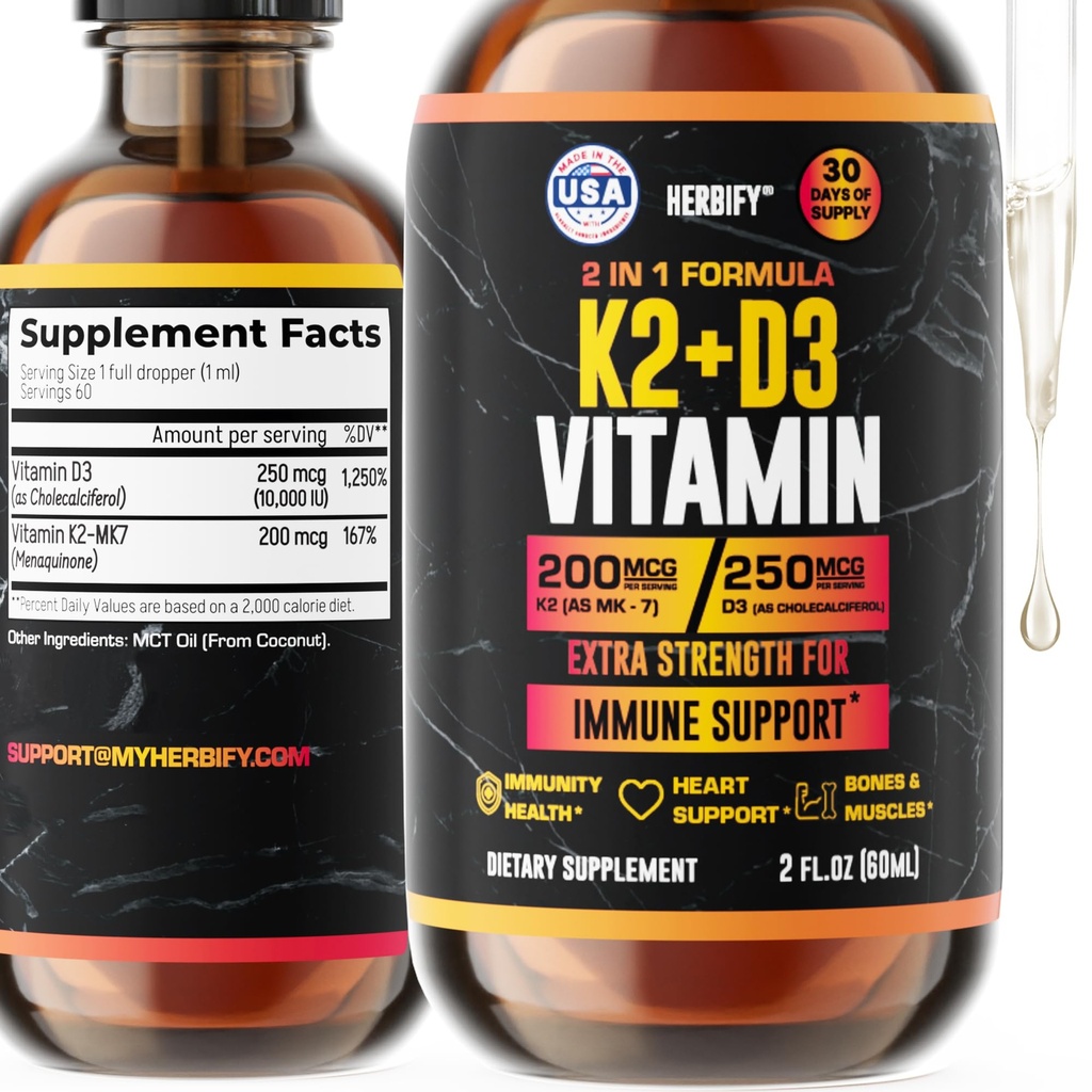 Vitamin D3 K2 Drops - Liquid Vitamins för kvinnor, Män & Teen - Bone Strength Supplements - D3 K2 Mt Vitamins för Immune Support & Heart Health - Vitamin D3 10000 Iu Liquid K2 Drops - 2 oz