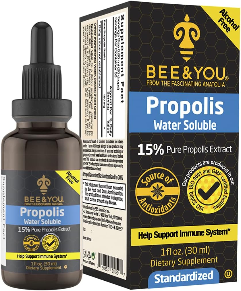 BEE ja sinä 15% Pure Propolis Water Liukoinen uute - High Potency - Zero Sugar - Zero Calorie - Natural Immuno Support & Sore Kurkun Relief Antioksidantteja, Keto, Paleo, Gluteeniton, 1 Fl Oz