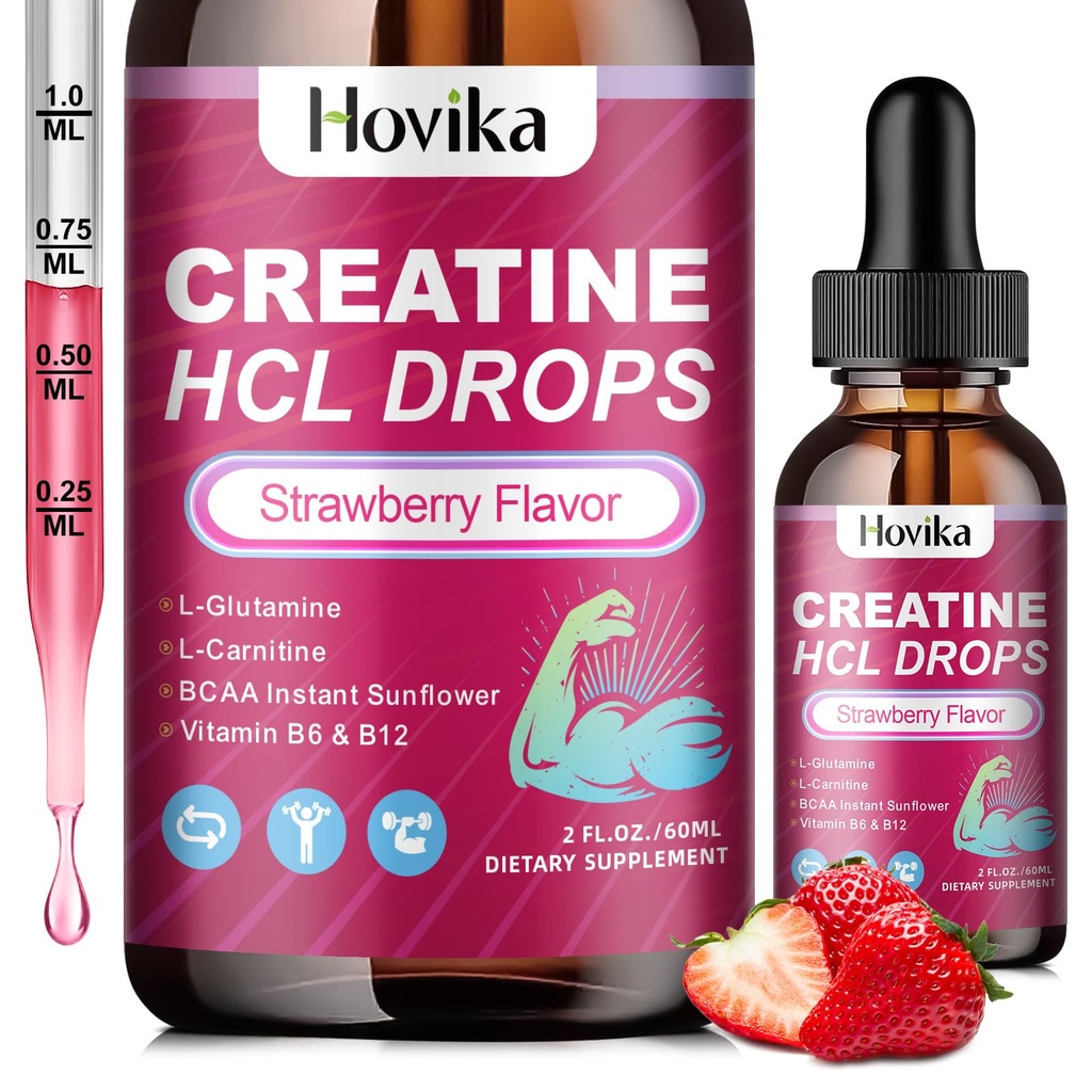 Creatiini HCL Liquid Drops for Men & Women, Creatiini Hydrochlorothiade with L-karnitine, L-glutamine, BCAA, B12 & B6-vitamiinia lihaksen kasvua, edistää energiaa & Recovery-Vegan, mansikka maku, 2 Fl Oz