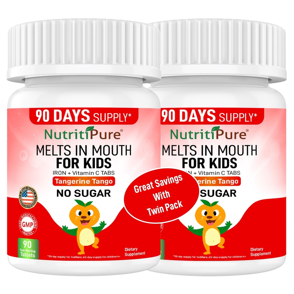 Pururautalisät lapsille (Ferronyl®/carbonyl Iron 9 mg ja C-vitamiini 30 mg) Tabletti tangeriini Tango Orange Flavor Kids täydentää 90 Count (2 pullot)