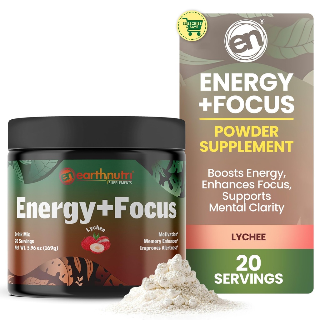 EarthNutri Energy + Focus Powder Supplement - Energy Boost & Helps Concentration with PeakO2, AlphaSize, Cognizin, PurCaf, Theacrine, Acetyl L-Carnitine L-tyrosine ...