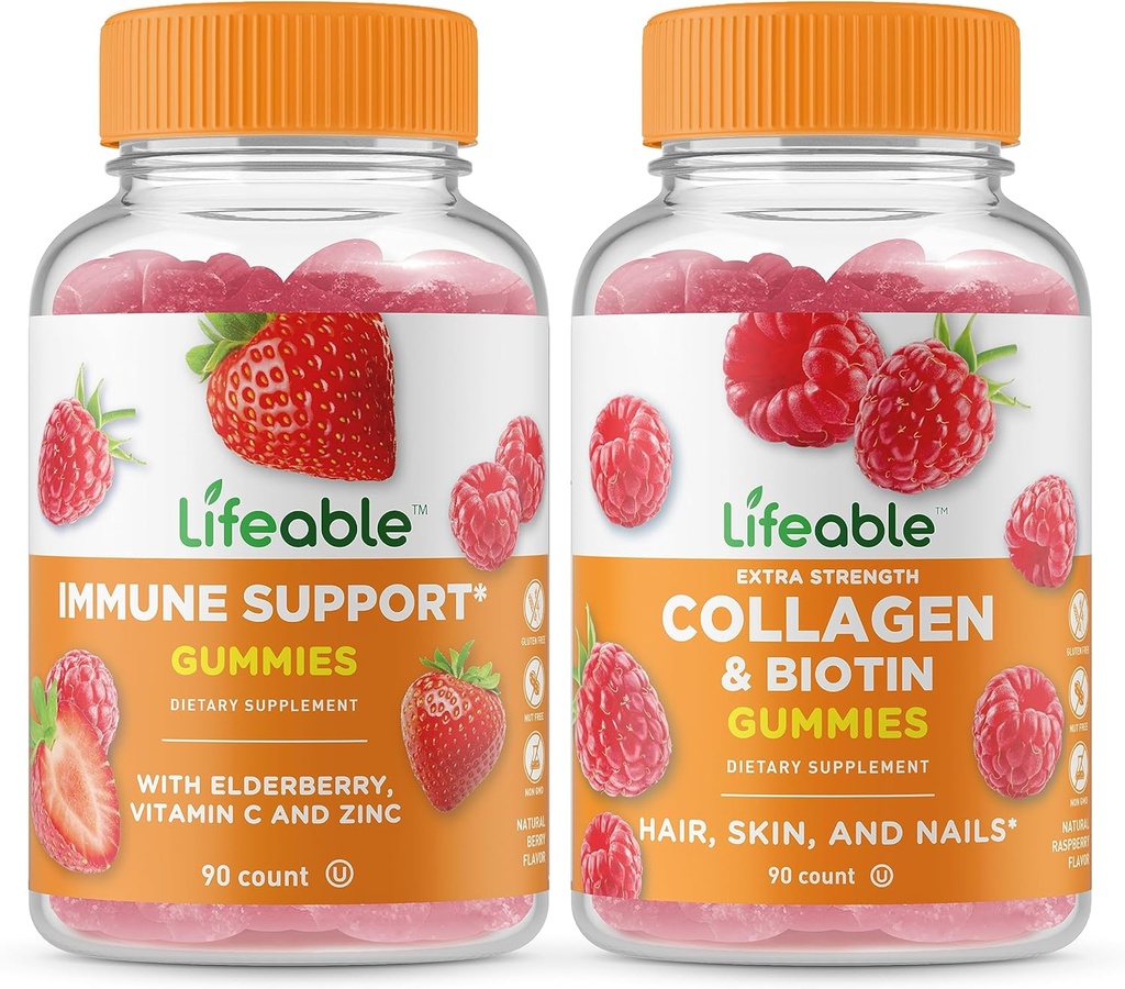 Livlig immunstöd + Collagen & Biotin, Gummies Bundle - Great Tasting, Vitamin Supplement, Gluten Free, GMO Free, Chewable Gummy