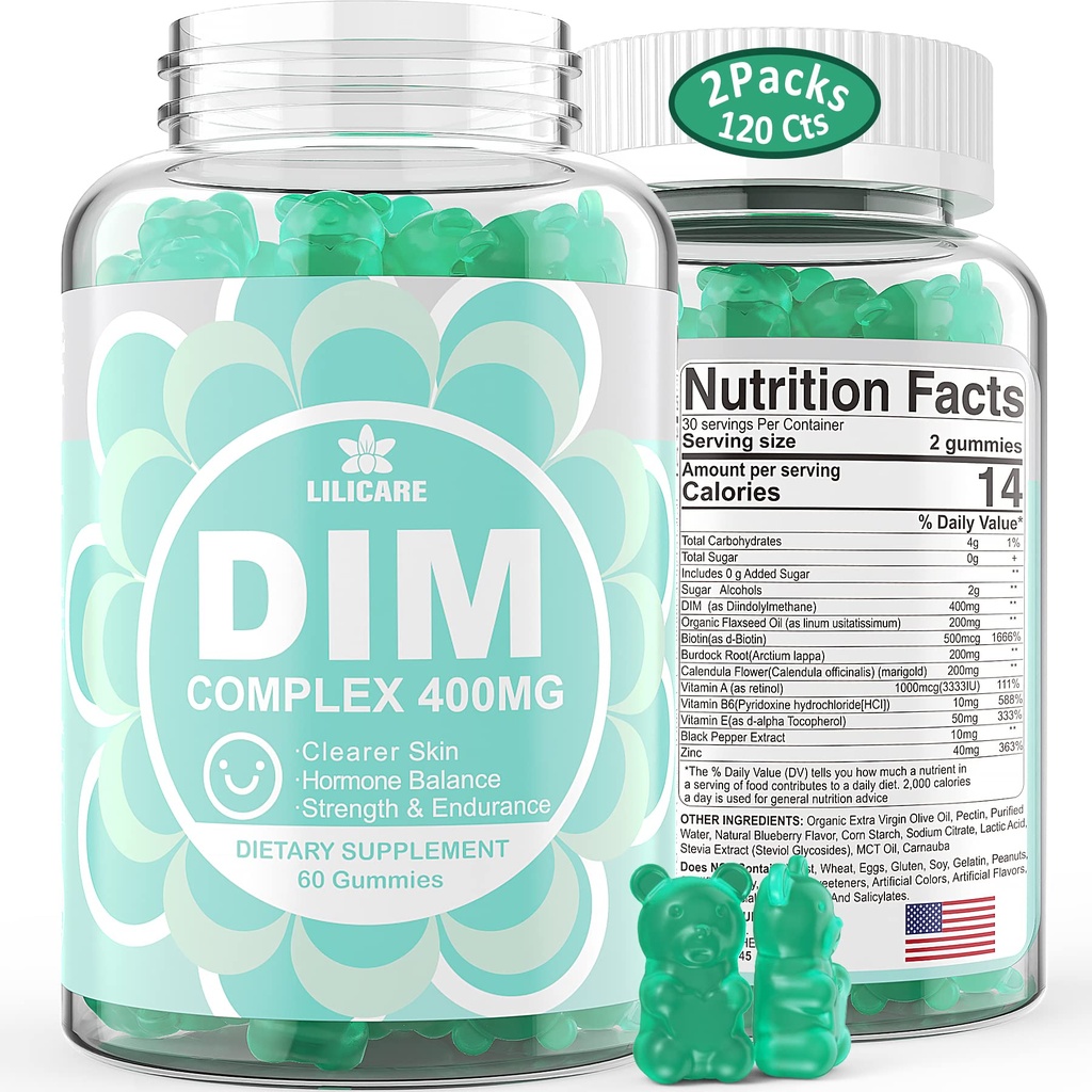 DIM Supplement Naiset 400 mg, Estrogeeni täydentää naisten, sokerittomat DIM Gummies miesten & naisten + Biotiini, pellavansiemenöljy, Burdock, Calendula, BioPerine for Hormone Balance, Menopause & Prostate 120Cts
