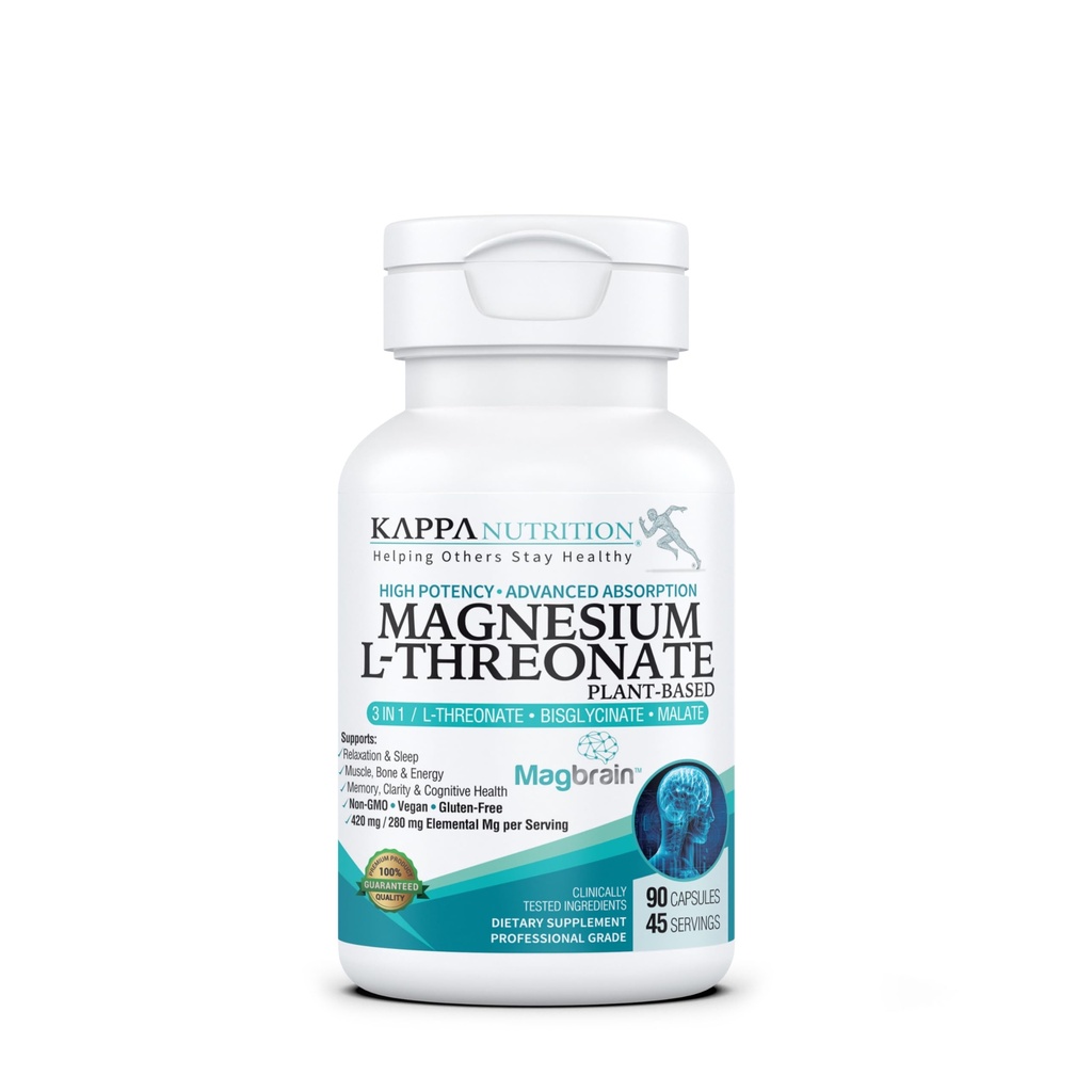 Kappa Nutrition Powered by MagbrainTM Magnesium L-treonate Plant-Based, 420mg Elemental Magnesium (3 kapselia) alkaen 2253mg, 90 Vegaanikapselit, aivot, uni ja lihastuki.