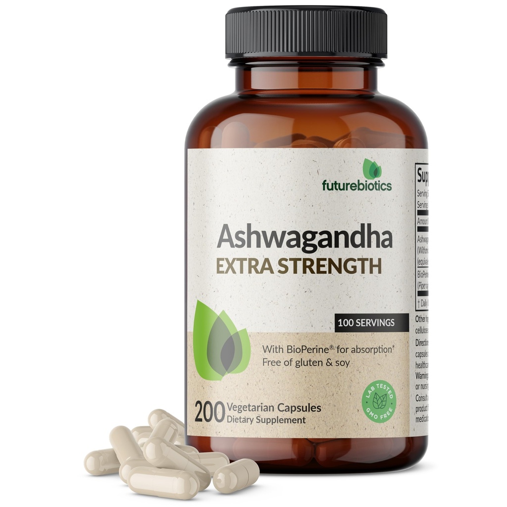 Futurebiotics Ashwagandha Extra Strength Stressi & mieliala tuki BioPerine - ei GMO Formula, 200 kasvissyöjä kapselia