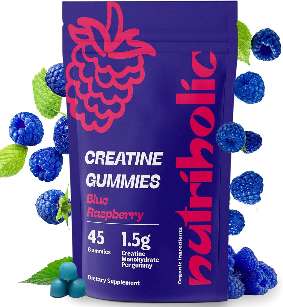Kreatinmonohydrat Gummies för män och kvinnor - Lätt att gräva, Vegan, Glutenfri, icke-GMO, 1,5 g Kreatin per Gummy - 45ct (45 greve, blå hallon)