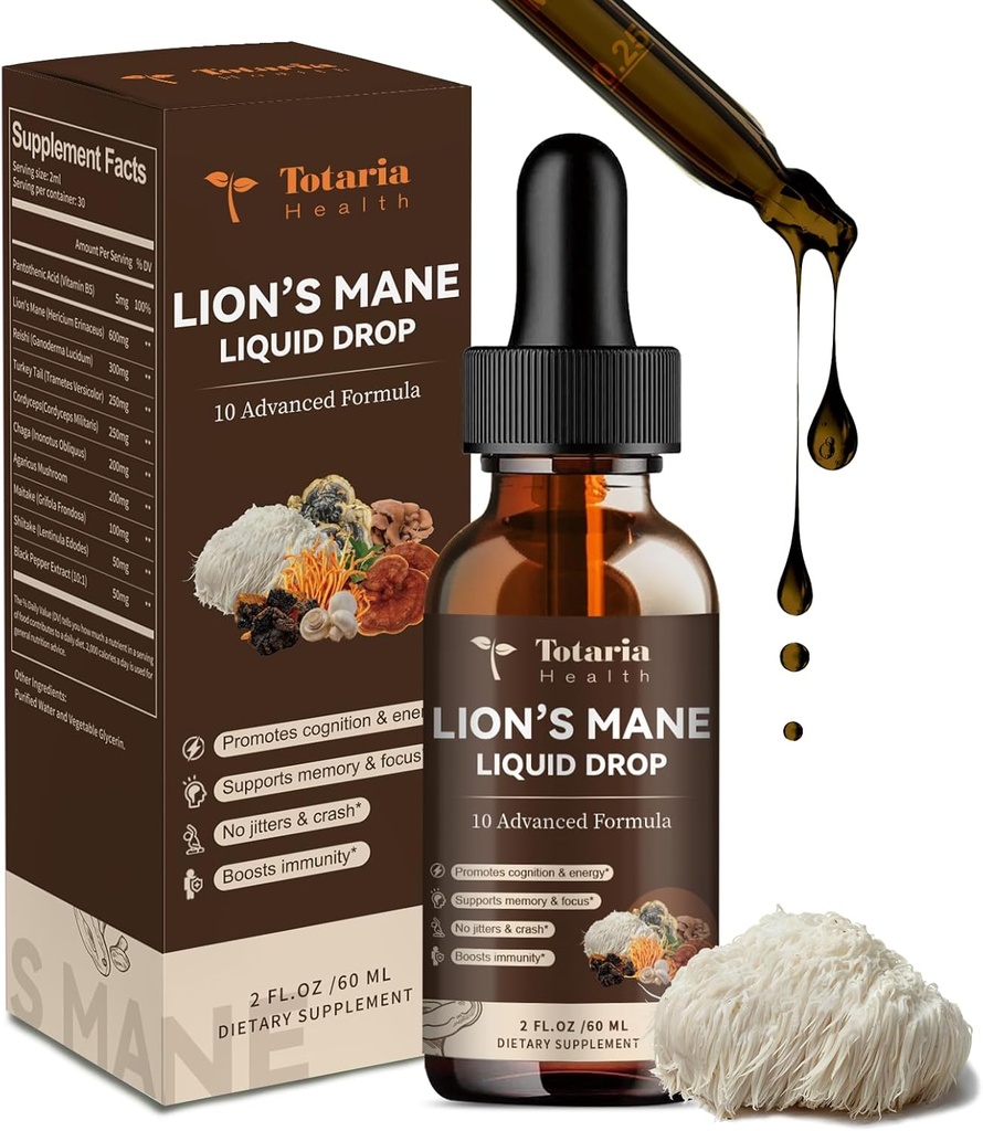 Lions Mane Supplement - Organic Lion... Mane Sienen Supplement Extract Liquid Drops Powder - Brain Support Immune Memory Focus ei-GMO, Gluteeniton, Vegan Natural Tincture Superfood