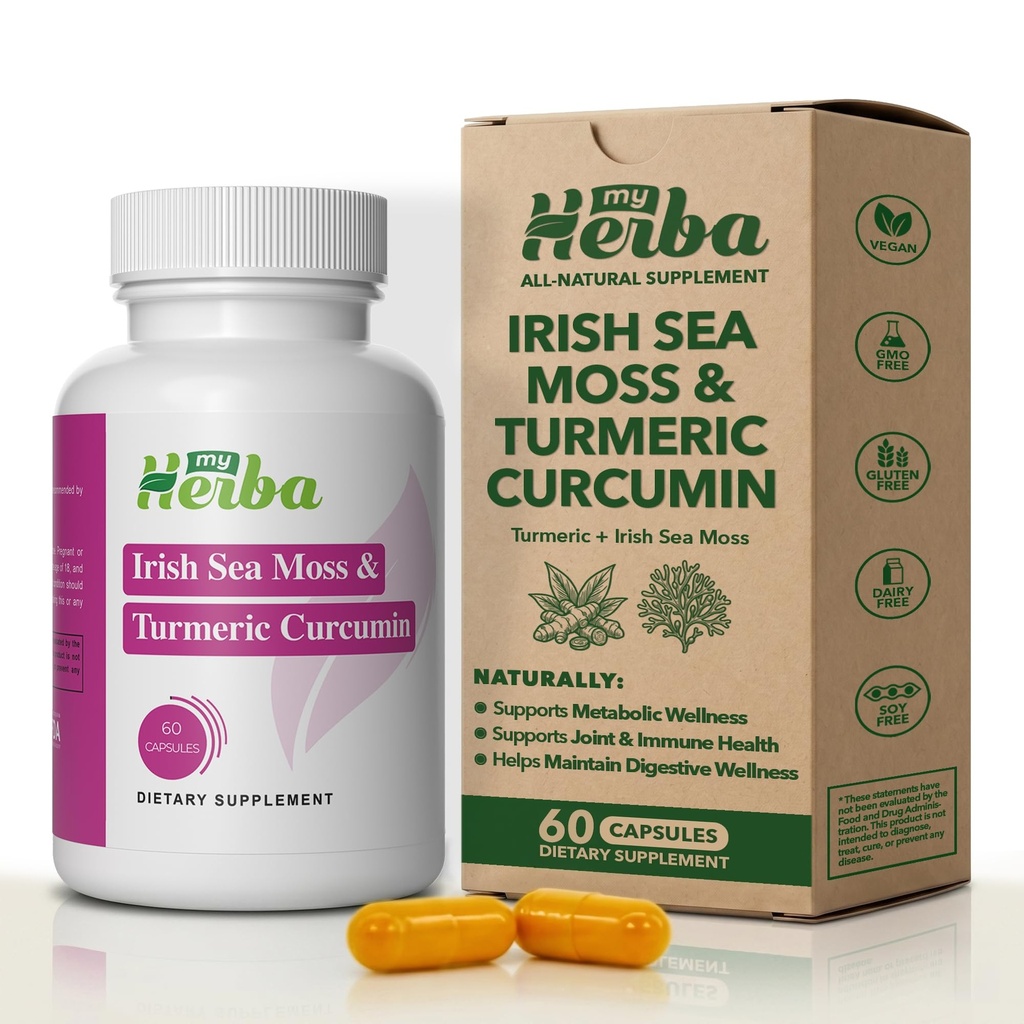 Sea Moss & Turmeric Curcumin Supplement - Vegan Formel med organisk irländsk Sea Moss & Standardized gurkmeja extrakt (95% Curcuminoids), gemensamt stöd och rörlighet för vuxna, 60 kapslar