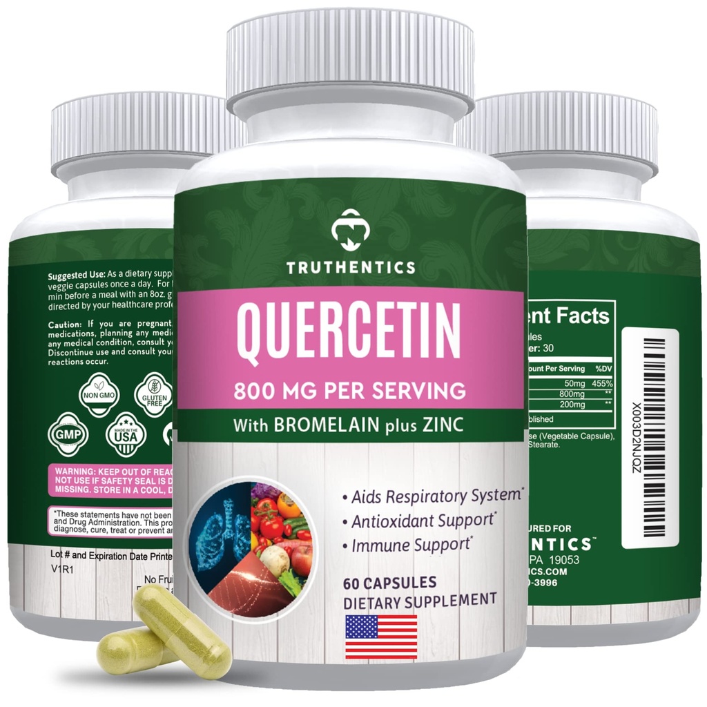 TRUTHENTICS Quercetin with bromelain and sinc 1050mg - Premium Sinkki Quercetin lisäravinteet immuuni, hengitys- ja kausituki - ei-GMO, Gluteenittomat - 60 kasviskapselit