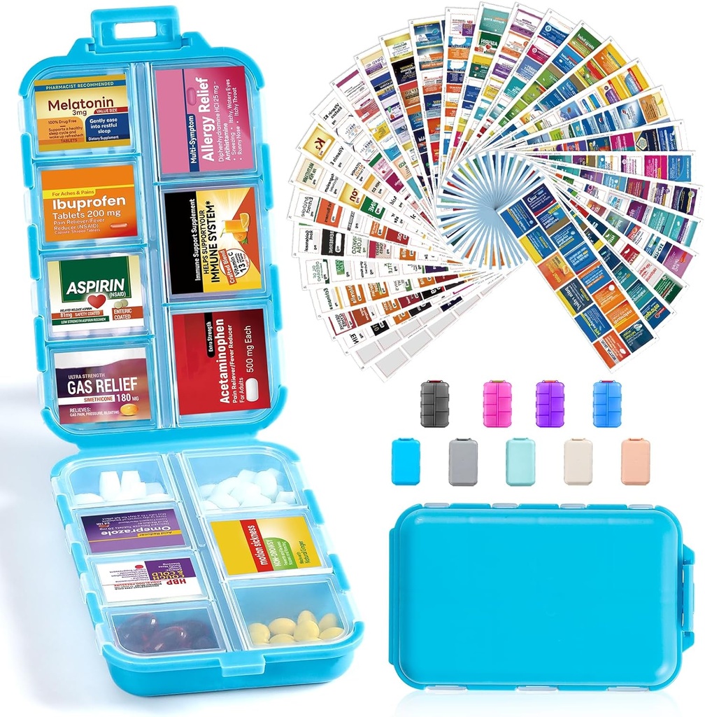 14 Grids Travel Pill Organizer Box 415-Pcs Medicine Nimi Tunnisteet - Tasku Päivittäinen farmaseuttinen Case Container Kit - Matka Lääkkeen haltija Dispender Fish Oil Vitamiini Supplement Storage - Sininen