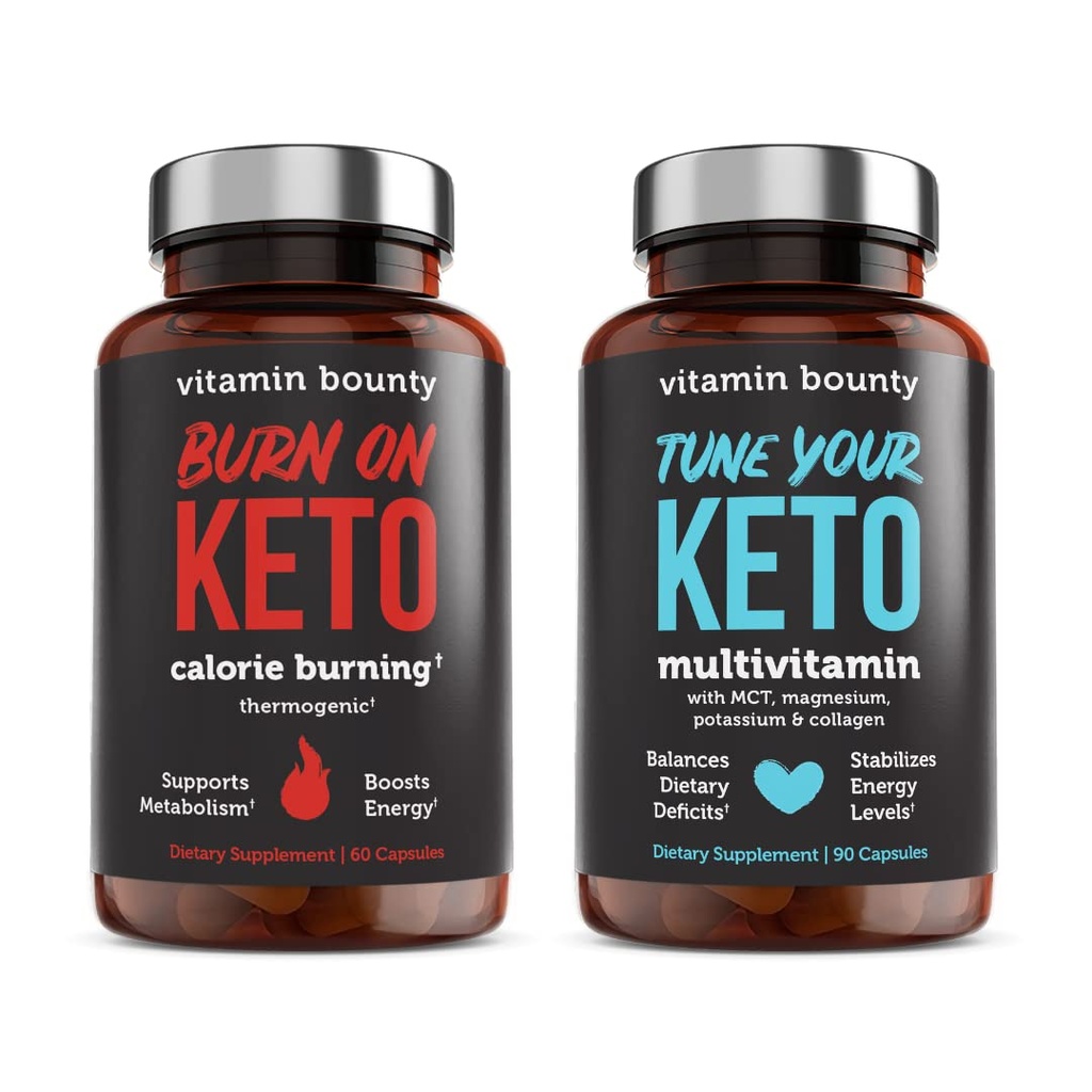 Vitamin Bounty Tune Your Keto and Burn on Keto Bundle - Keto Multivitamin, Calorie Burning för kvinnor och män, Premium Raspberry Ketones, Energy Support - Bundle 60 Capsule Varje