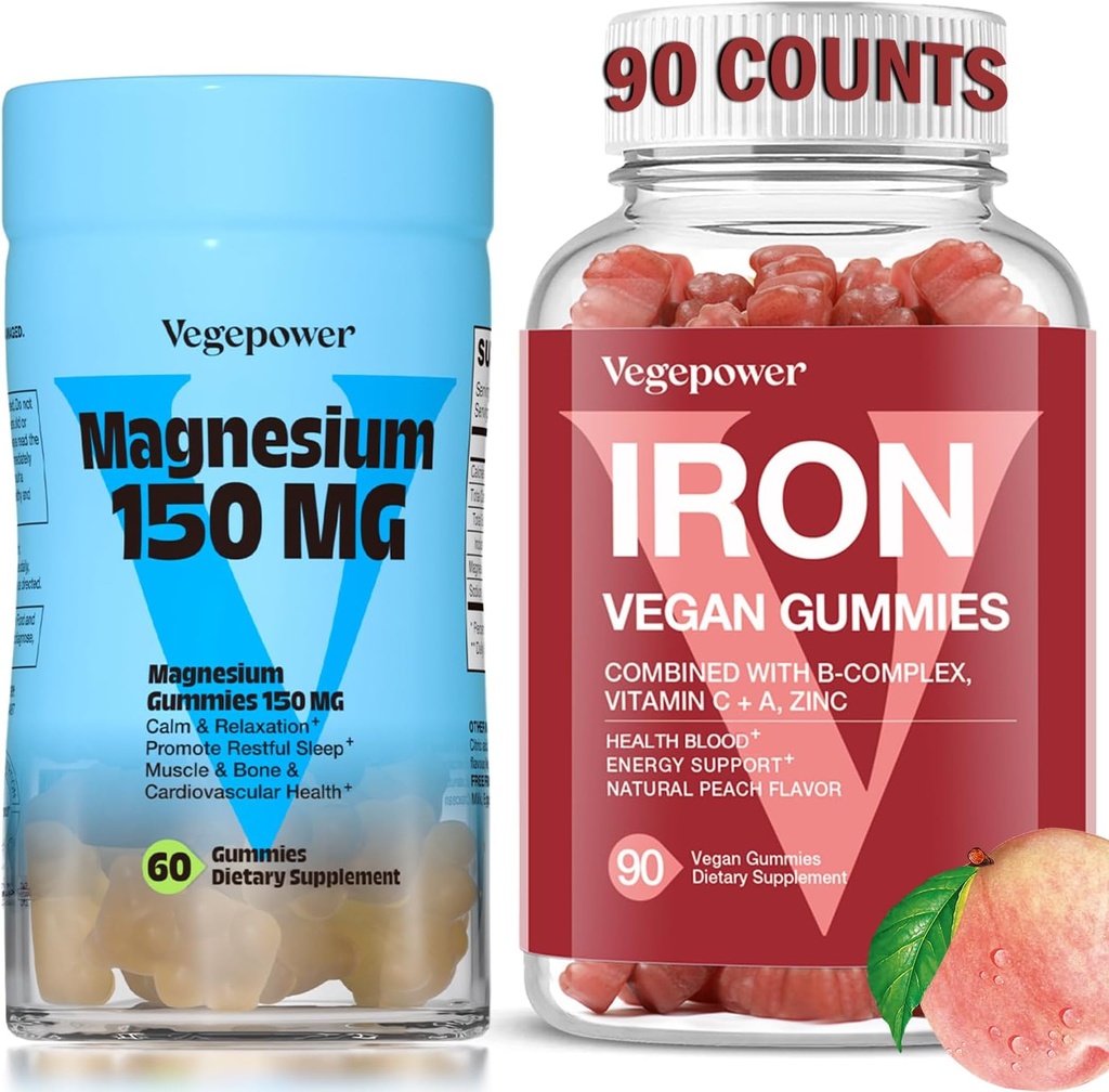 Rautalisä Magensium Gummies, Vegan Iron Gummies kanssa C-vitamiini, A, B-Complex, Folaatti, Sinkki aikuisille ja lapsille, rautapuute, anemia, rentoutuminen uni, ei-GMO