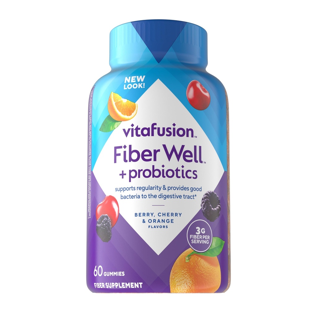 Vitafusion Fiber Well + Probiotika Gummies för vuxna - 3g Fiber per servering för matsmältningshälsa och probiotika *, 60 greve