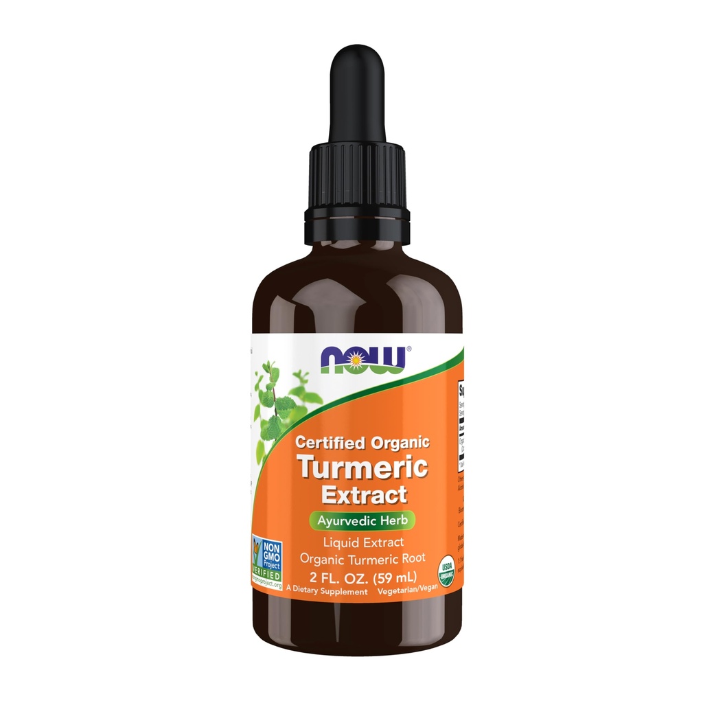 Now Foods Lisäravinteet, Certified Organic Turmeric Extract, Ayurvedic Herb, Liquid Extract, Organic Turmeeric juuri 2 neste unssia