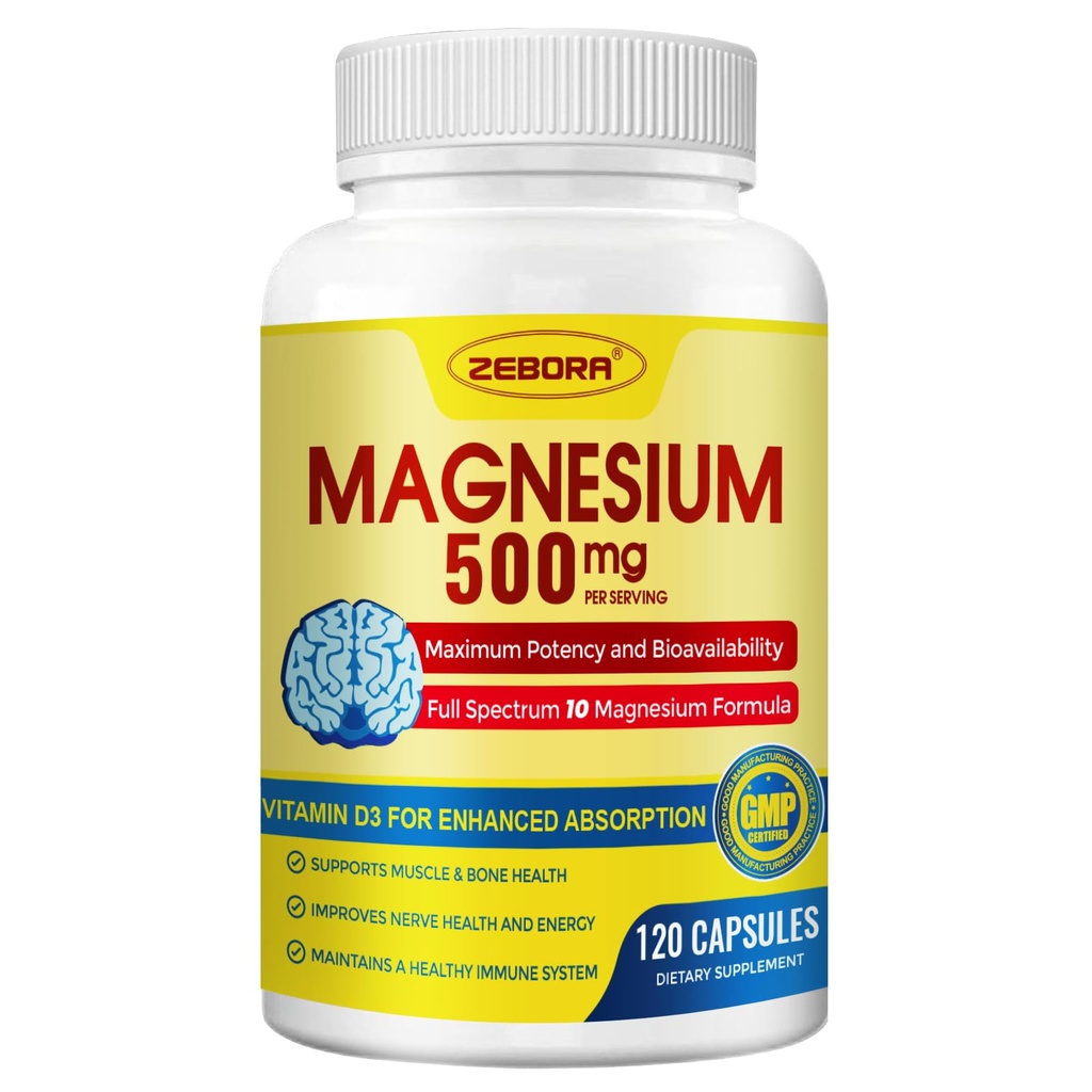 10-in-1 Magnesiumkomplex Supplement, magnesium Glycinate 500 mg Citraatti & malaatti, kelated High Imeytyminen Plus D3-vitamiini & sinkki - hermo-, lihas- ja luutuki - 120 kapselia