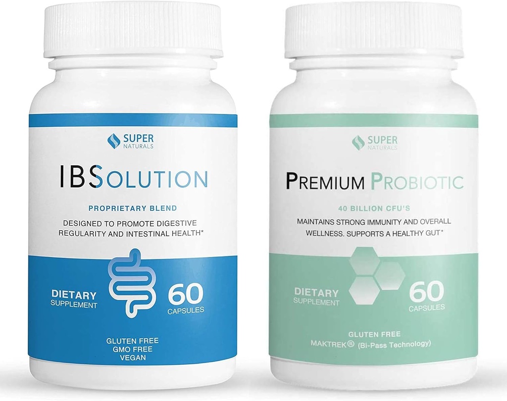 IBSolution Gut Health Bundle - All Natural Gut Health Support & Premium Probiootit w/ 40 miljardia PMY tukea epäsäännöllinen Bowels, turvotus, ummetus, kaasu, vatsakipu - 2 pakkaus (120 Caps)