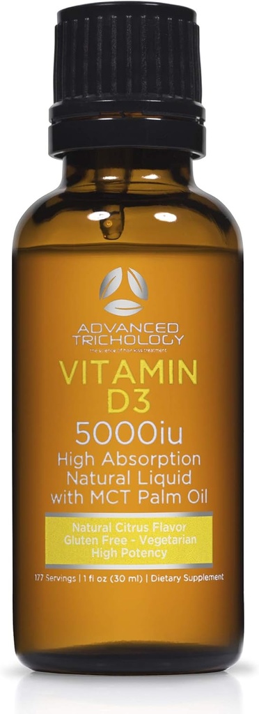 Advanced Trichology Kasvissyöjä Nestemäinen D3-5000 iu Korkea Imeytyminen - 1000 iu per pudotus - 6 kuukauden tarjonta - Gluteeniton 365 VIT D - 1 Neste Ounce (Pakkaus 1)