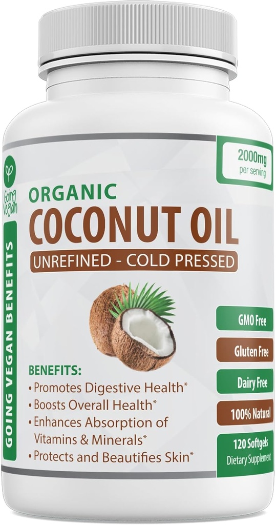 Organic Coconut Oil kapselit 2000mg - 100% Extra Neitsyt, kylmä Pressed terveelle iholle, extra hiusten kasvua, kynsien hoito, aivojen Booster - 120 Softgels - jalostamaton Pure & Non GMO pillereitä - Rich in MCT