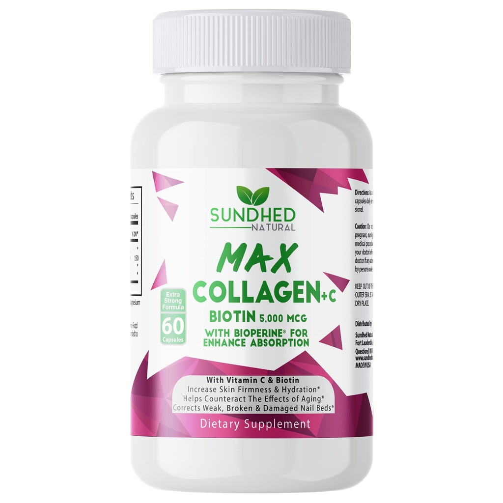 Max Collagen Plus C (60 kapselia) - Kaikki luonnolliset kollageenikapselit, joissa on Biotiini & Bioperine, jotka tehostavat anti- ikääntymistä ja ihon kiinteyttä - Kollageenipillereitä, jotka vahvistavat luita ja kynsiä