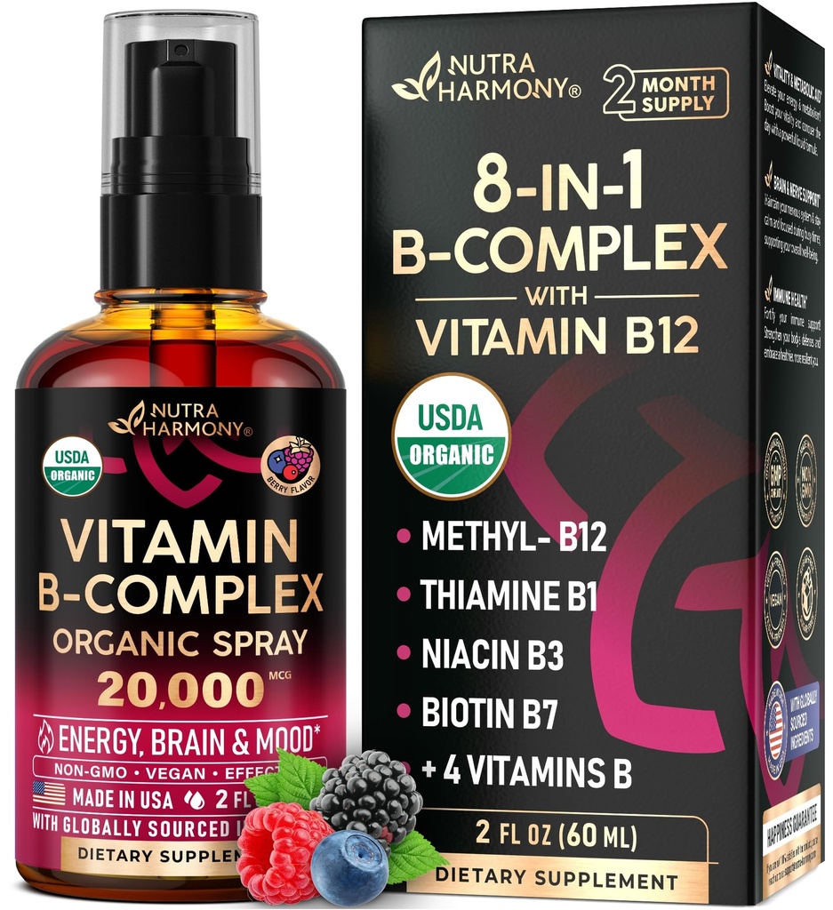 USDA Organic Vitamin B-Complex Liquid Spray 8-i-1 - B5 Pantothenic Acid | B12 Methylcobalamin | B1 Thiamine | B6 Pyridoxin | B7 Biotin | B9 Folic | B3 Niacinamide - Made in USA Supplement, 2fl oz