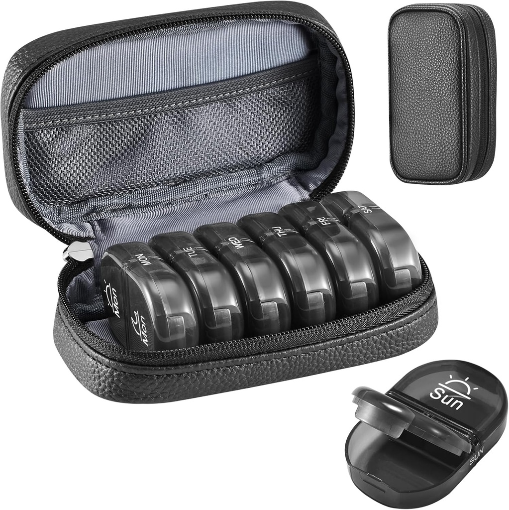 Serfeymi Weekly Travel Pill Organizer 2 gånger per dag AM PM Uppgraderad Black Pill Box 7 Dag med Portable Zipper PU Leather Pill Case, Medicine Organizer för piller, vitaminer, fiskoljor - Svart 01