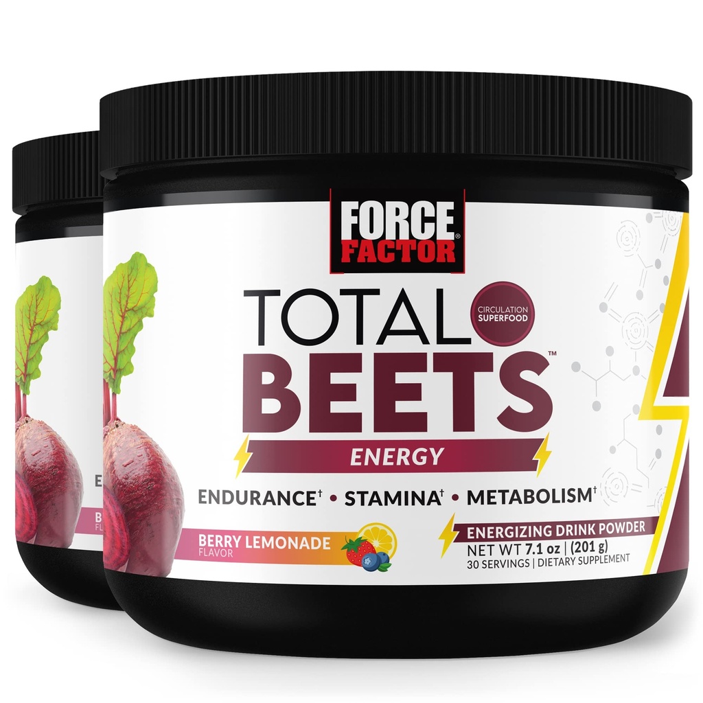 FORCE FACTOR Total Beets Energy Drink Mix 2-Pack, Superfood Beet Root Powder, Nitrater för att öka energi, stödcirkulation, blodflöde, kväveoxid och uthållighet, hjärthälsotillskott, 60 portioner