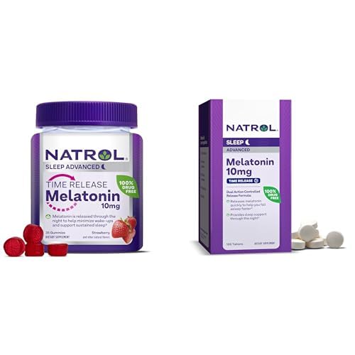 Bundle of Natrol Time Release Melatoniini 10 mg 100 tablettia, ravintolisä lepoun, & Natrol Time Release Melatoning 3 mg Gummies, 35 Mansikka-Flavored Melatoniini Gummies, 35 päivän toimitus