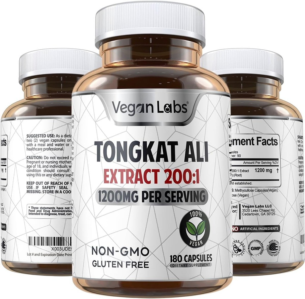 Vegan Labs Tongkat Ali 200:1 Extract, 1200MG Per Servings- 180 Vegan Capsules- Stöder Energi och Stamina-Gluten Free, Non-GMO Premium Kvalitetstillägg