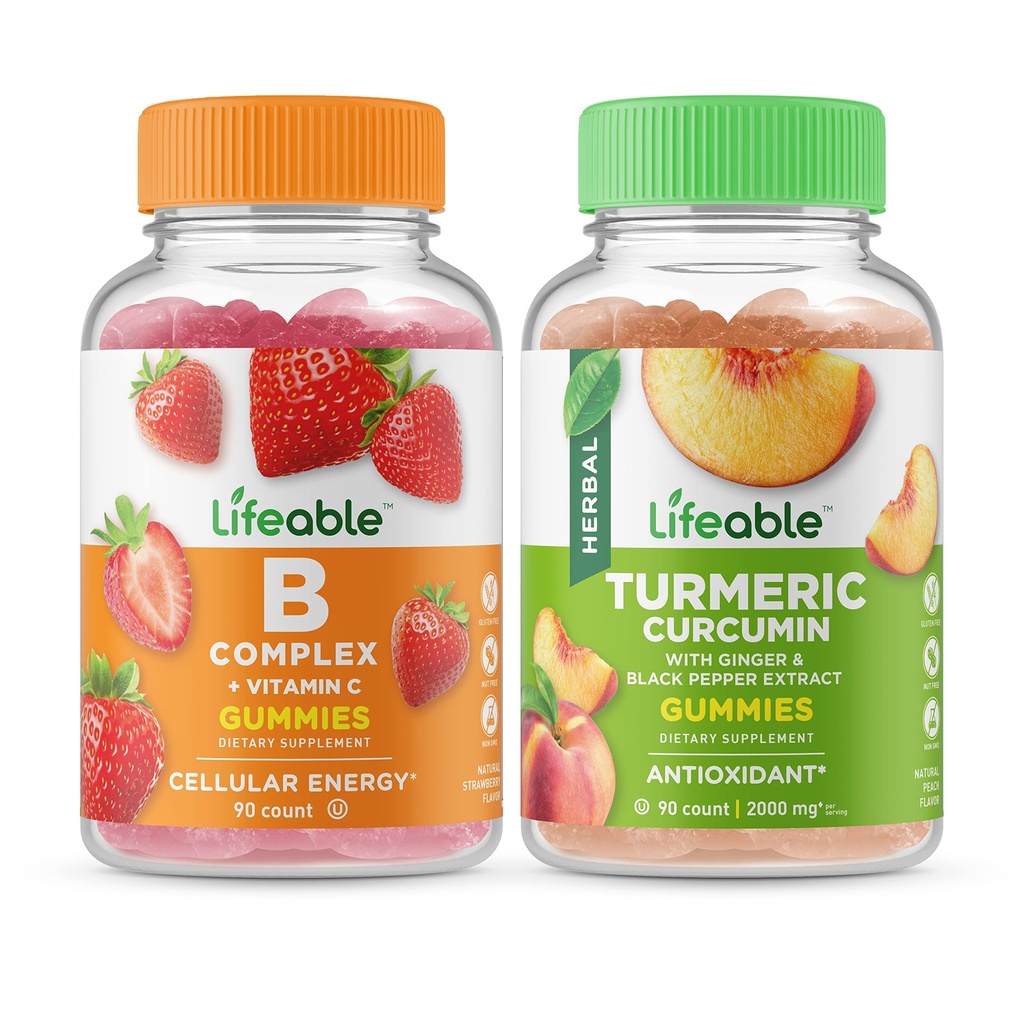 Elinkelpoinen B Complex + Turmeric Curcumin, Gummies Bundle - suuri maku, vitamiini täydentää, gluteeniton, GMO vapaa, pureskeltava