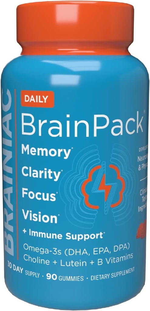 Brainiac Daily BrainPack Gummies, stöder hjärnhälsa med Omega 3 DHA EPA DPA, Choline, B6 & B12 och Lutein för ögonhälsa med immunstöd, Citrus Berry Flavor, 90 ct