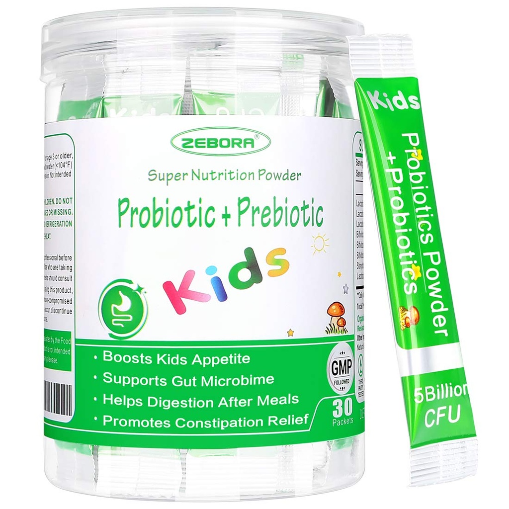 ZEBORA Kids Probiootti & Prebiootit Kuiva-aine Ikä 3+ Tuki Lasten Ruoansulatus- ja immuunijärjestelmä luonnollinen lähde, edistää ummetus helpotusta, ei-GMO, gluteeniton, 30 pakkauksissa 5 miljardia PMY