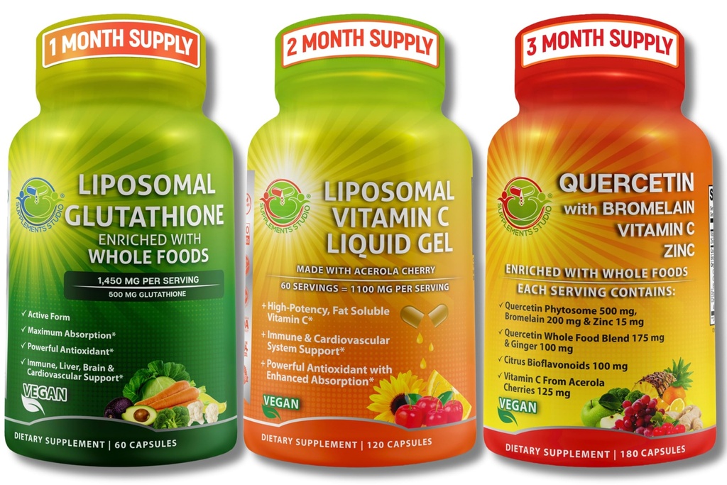 Päivittäinen Immuuni - ja antioksidanttituki Bundle ... Liposomal C 1100 mg Liquid Gel + Liposomal Glutatione 500 mg + Quercetin bromeliinin kanssa.