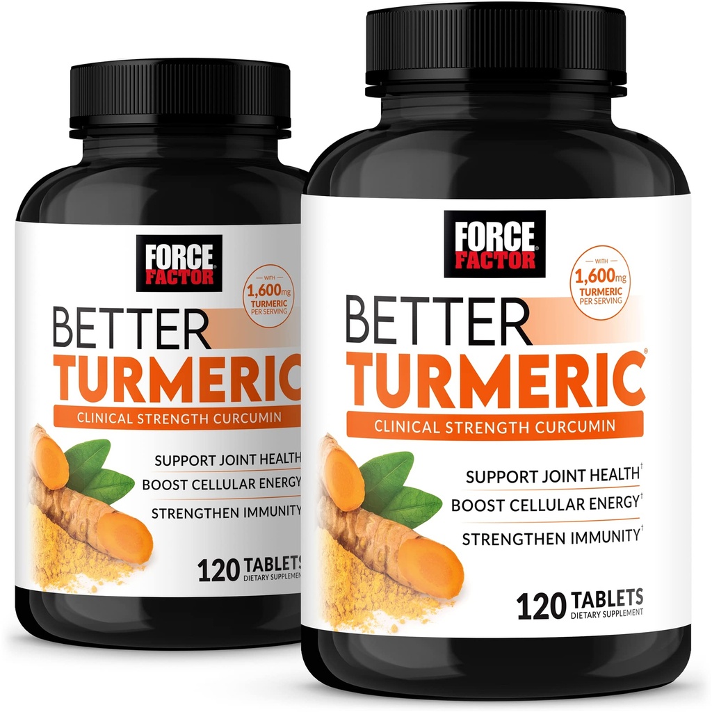 FORCE FACTOR Better Turmeric 2-pack Joint tuki täydentää Featuring HydroCurc Turmeric Curcumin mustapippuri, kliininen vahvuus yhteinen tuki, 240 tablettia, valkoinen pakkaus