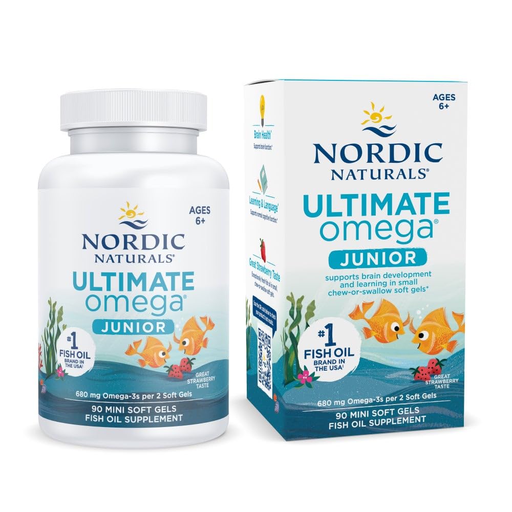 Nordic Naturals Ultimate Omega Jr., Mansikka - 90 Mini Pehmeät geelit - 680 Total Omega-3s EPA & DHA - Brain Health, Mieliala, oppiminen - ei-GMO - 45 Palvelimet