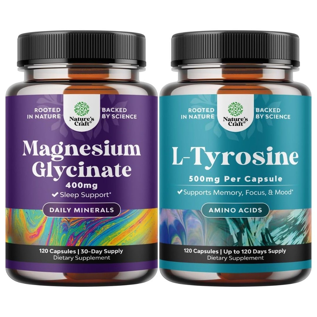 Bundle of Magnesium Glycinate 400mg Capsules och Potent L Tyrosine 500mg Capsules - för Sleep Support Bone Health Muscle Recovery - Amino Acid Nutritional Supplement for Brain Health Thyroid Support
