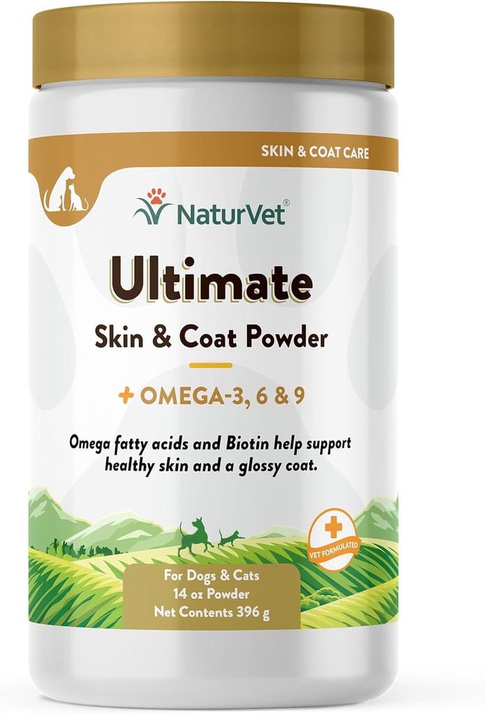 NaturVet Ultimate Skin and Coat Powder Plus Omega 3, 6 ja 9 täydentää koirille ja kissoille, jauhe, valmistettu Yhdysvalloissa maailmanlaajuisesti lähdeainesosia 14