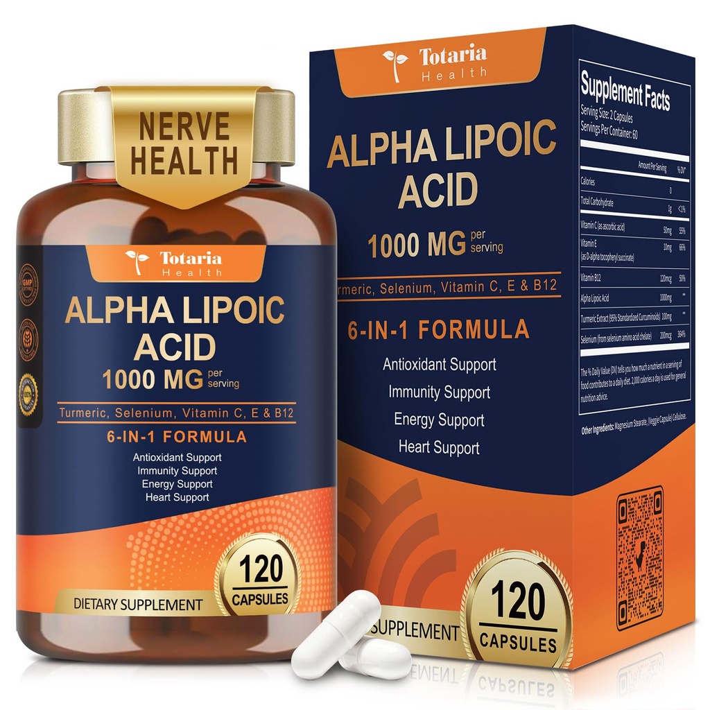 Totaria Alpha Lipoic Acid 1000mg - ALA Supplement Antioksidantti Neuropatian hoitoon Tuki Nerve Health, Liver Detox, Antioksidantti, Metabolia ja solujen energia, anti-aging - ei-GMO, Gluteeniton, Vegan Safe
