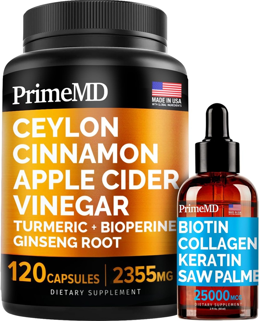 4-in-1 Liquid Biotin Collagen Keratin Saw Palmetto Drops (2 fl oz - 1 Pack) & 5-in-1 Ceylon Cinnamon w Turmeric & Ginseng Root (120ct) Bundle - hiukset, iho, kynnet, & Immunotuki