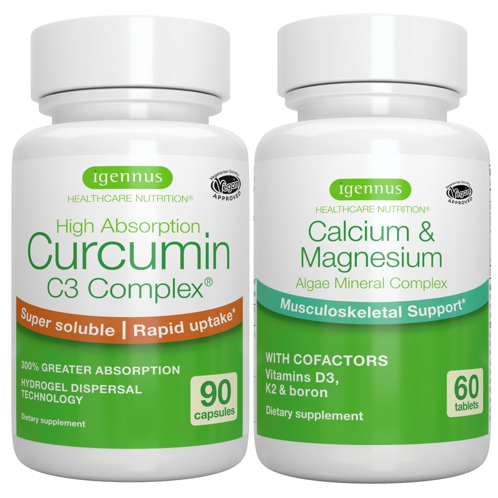 Algae Calcium & Magnesium Complex + korkea absorptio Curcumin C3 Complex, vegaaninen luukoru, nivelet & toipuminen harjoituksesta, Igennus